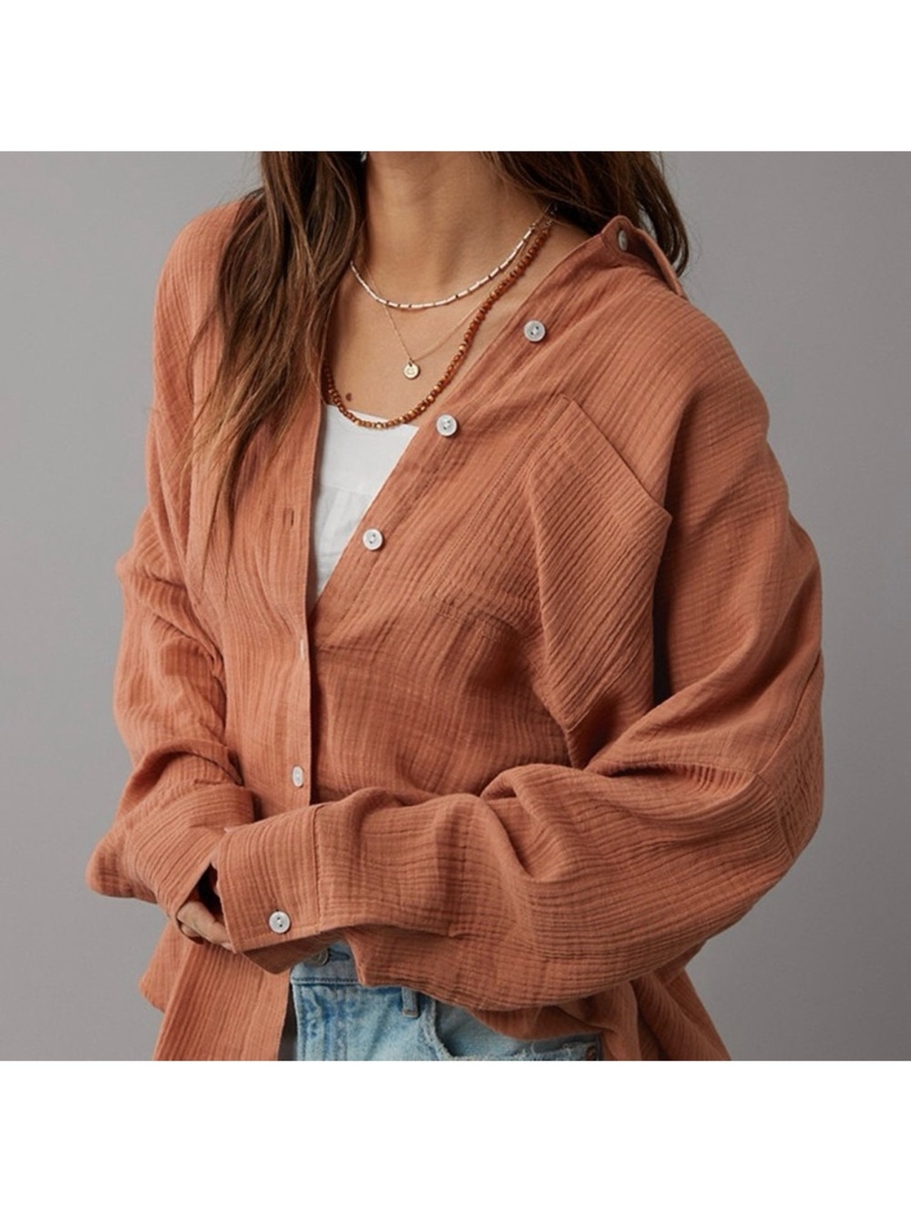 American Eagle Go Big Oversized Gauzy Shirt in Bronze | L